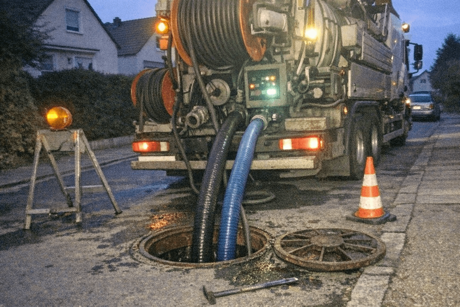 Spülfahrzeug im Einsatz bei einer Kanalarbeit